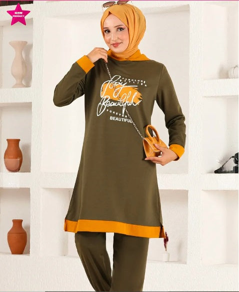 Turkish 2Pcs Hooded Long Sleeve Tunic Set Orange Olive - USA Hijab World