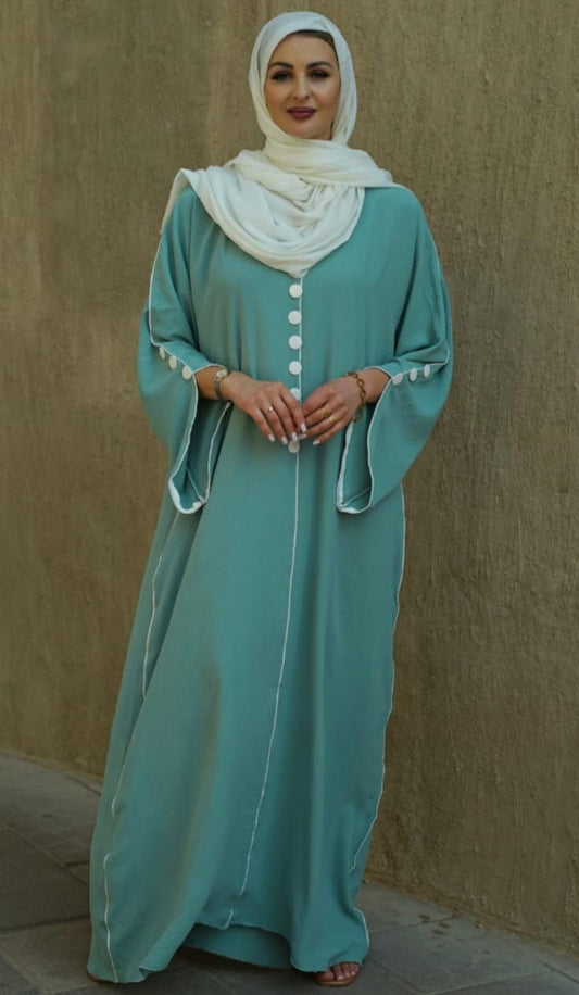 Dubai Abaya with White Piping and Show Buttons on the Front and Sleeves in Turquoise - USA Hijab World