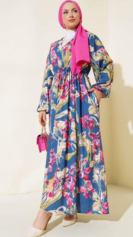 .Turkish Patterned V Neck Cotton Dress Blue - USA Hijab World