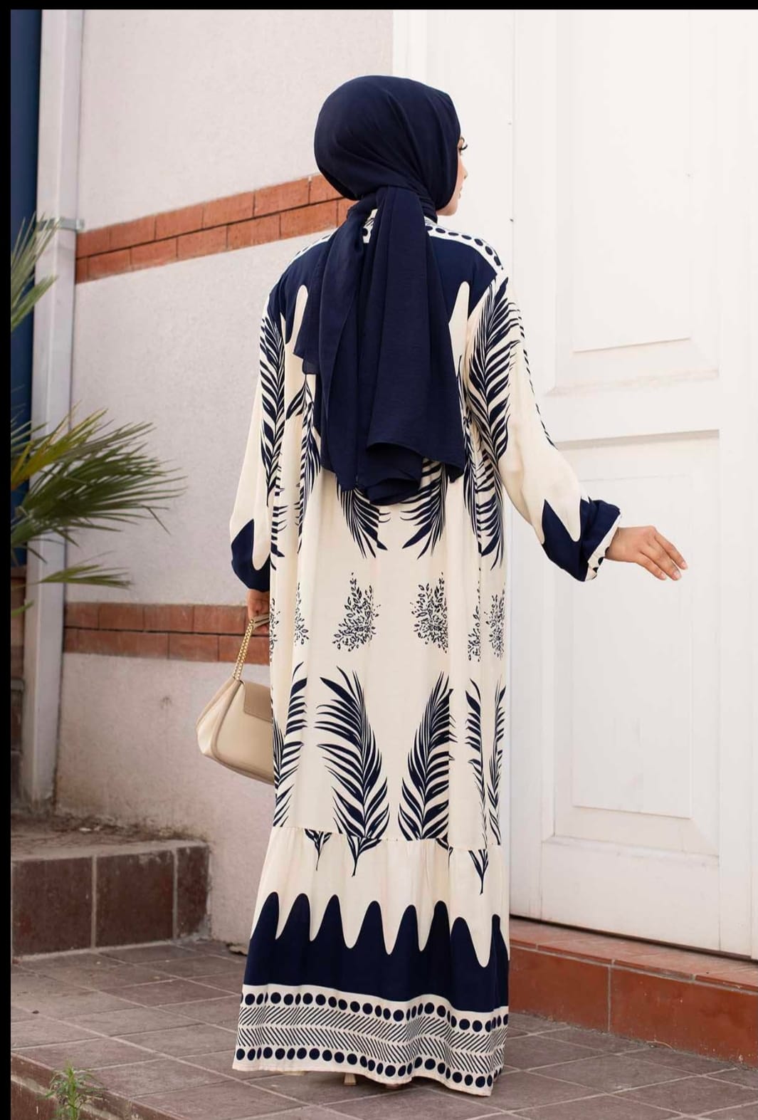 .Turkish Melike Patterned Viscous Dress Dark Blue - USA Hijab World