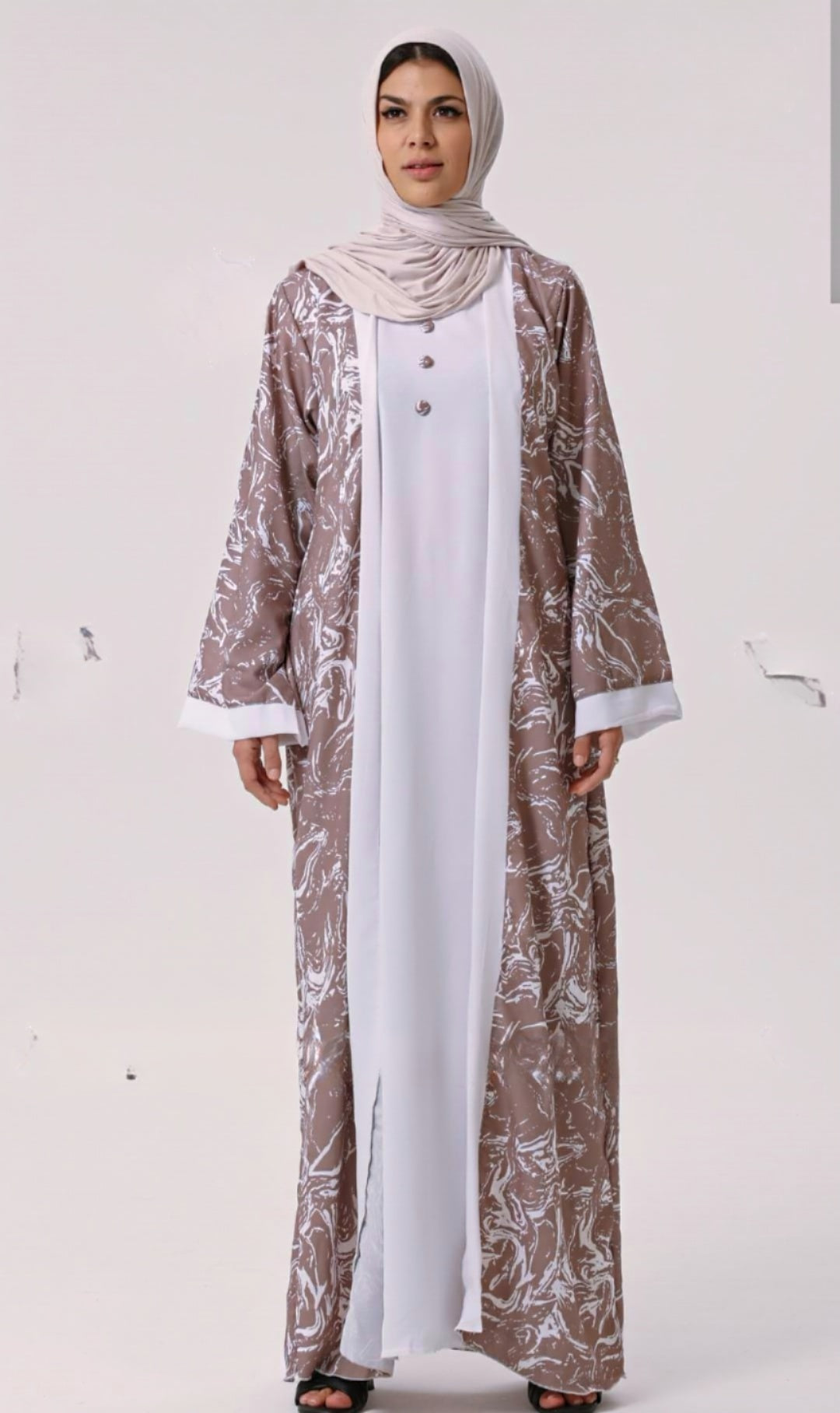 Dubai Shrug Abaya With Abstract Print In Brown - USA Hijab World