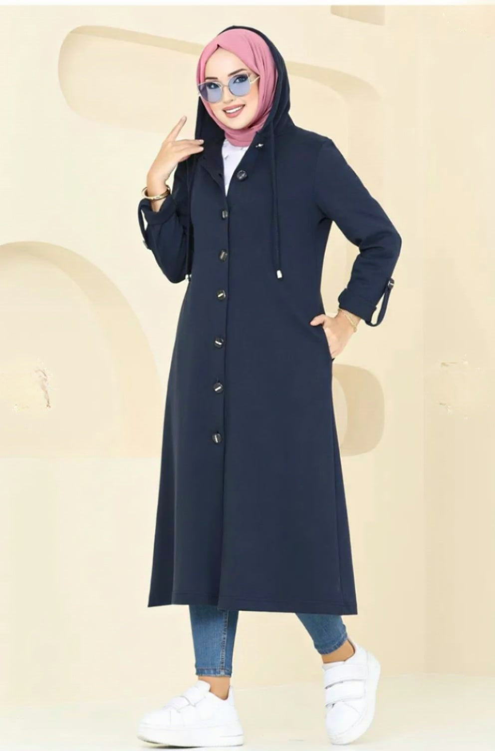 Turkish Long Sleeve Buttoned Overcoat Navy Blue - USA Hijab World