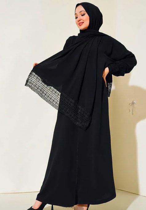 Turkish Model Sleeve Lace Zippered Abaya with Attached Shawl Black - USA Hijab World