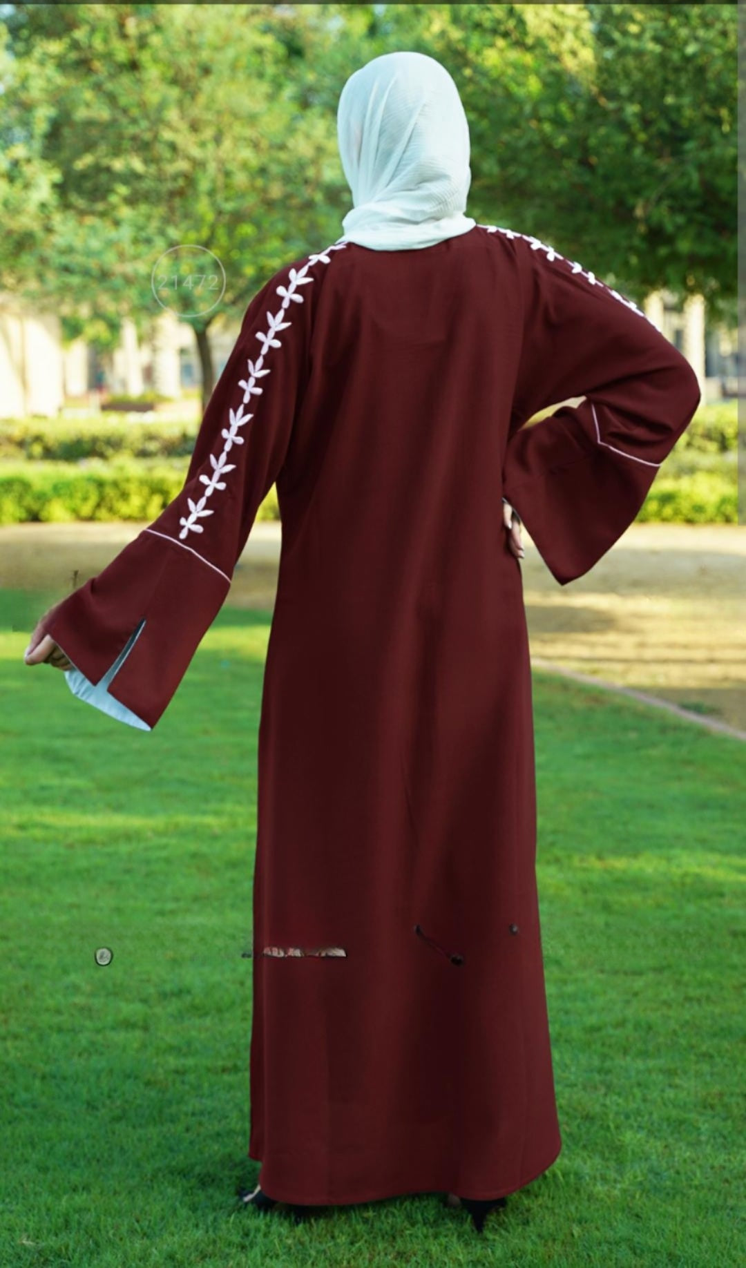 Dubai Abaya With Embroidery Work On Sleeve With Piping In Maroon - USA Hijab World