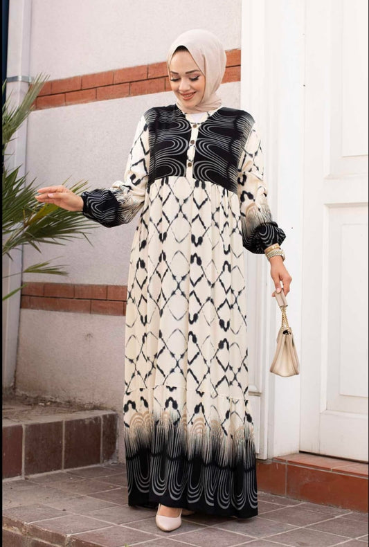 .Turkish Watery Patterned Viscous Dress Black - USA Hijab World