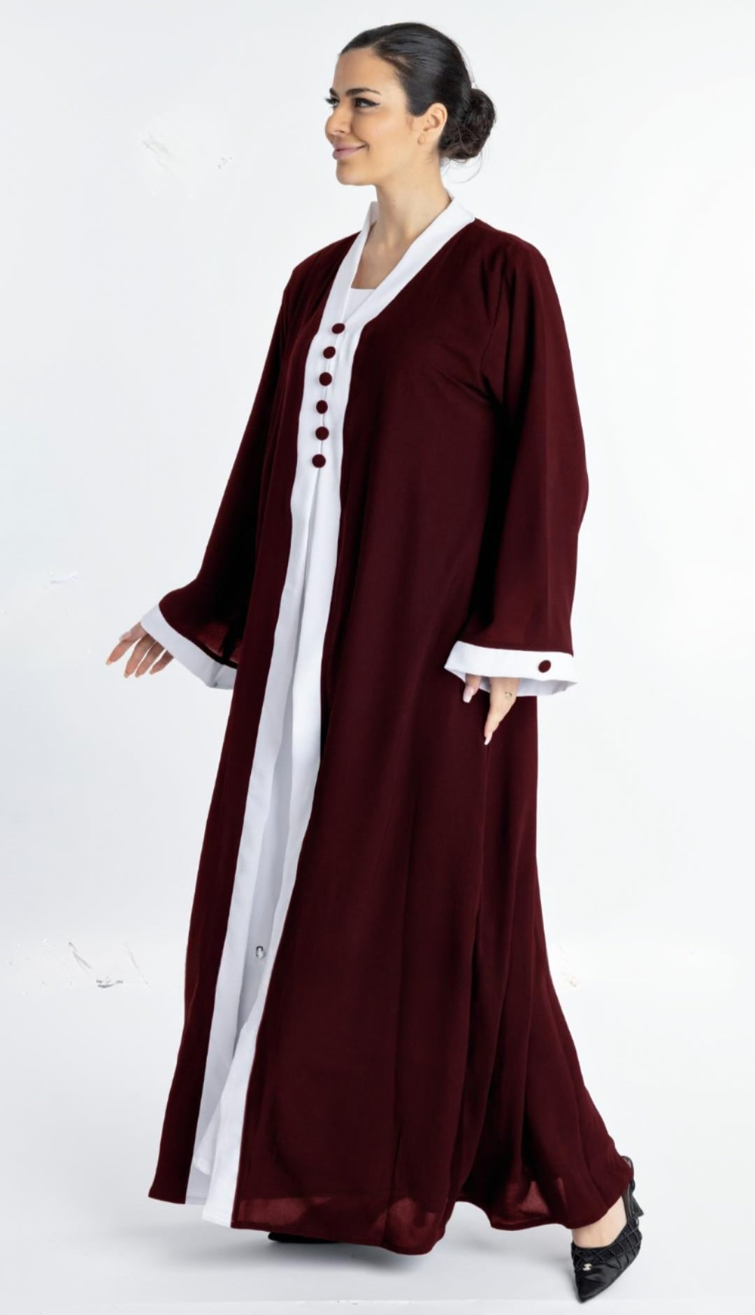 Dubai Shrug Abaya With Show Buttons On Front And Sleeves In Maroon - USA Hijab World