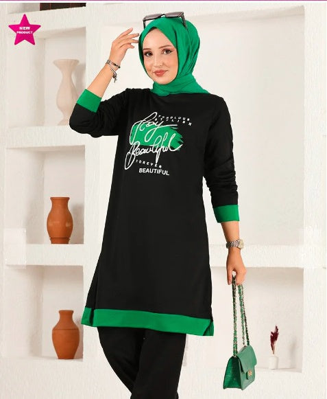 Turkish 2Pcs Hooded Long Sleeve Tunic Set Black Green - USA Hijab World