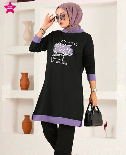 Turkish 2Pcs Hooded Long Sleeve Tunic Set Black Purple - USA Hijab World