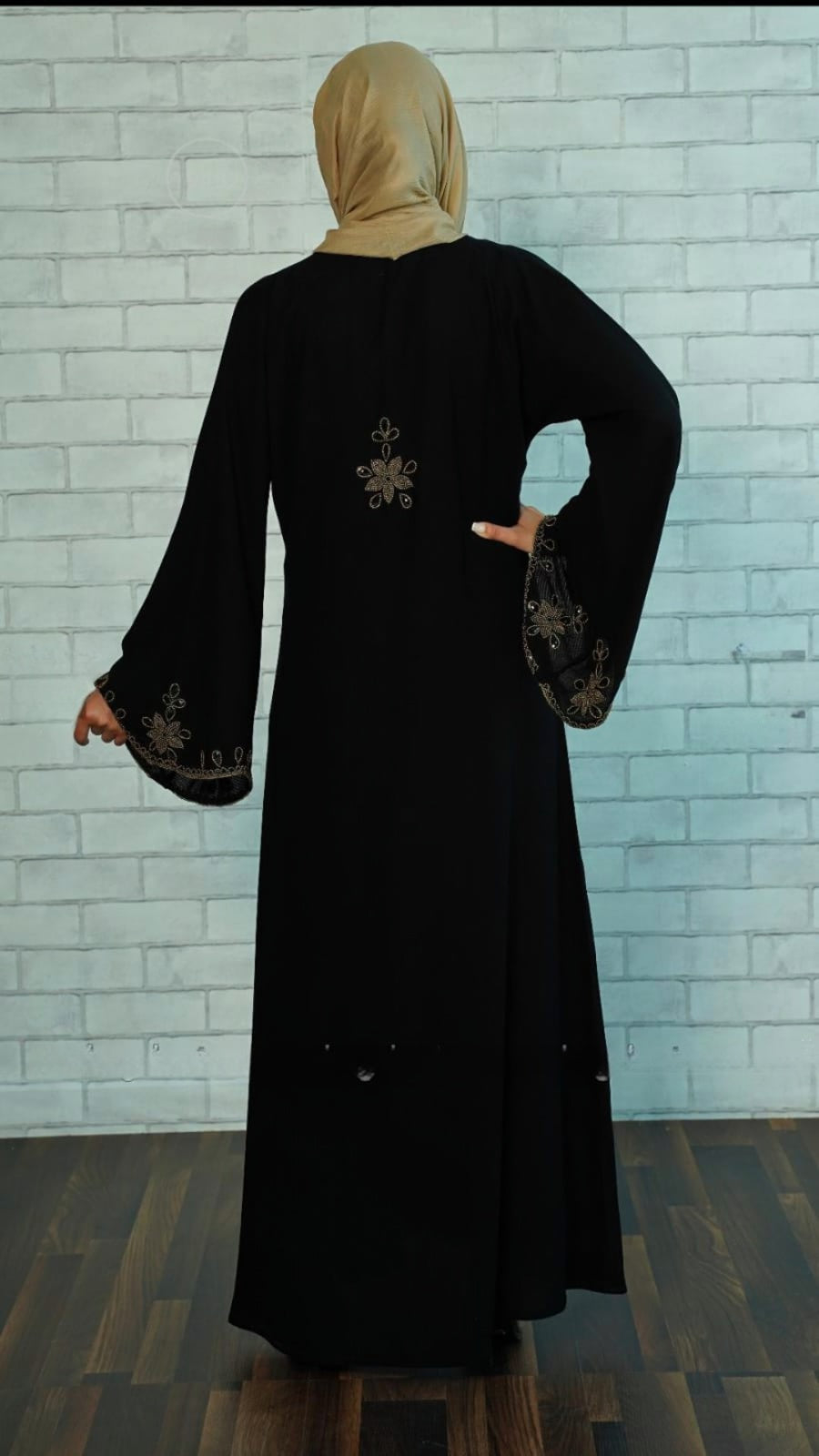 Black Masha Crepe Abaya with Golden Beads on the Sleeves and Back. - USA Hijab World