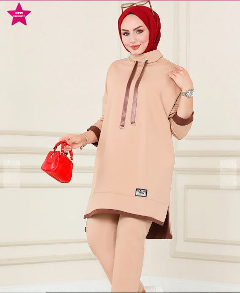 Turkish Tunnel 2 Piece Set Tunic + Pant Dark Beige - USA Hijab World