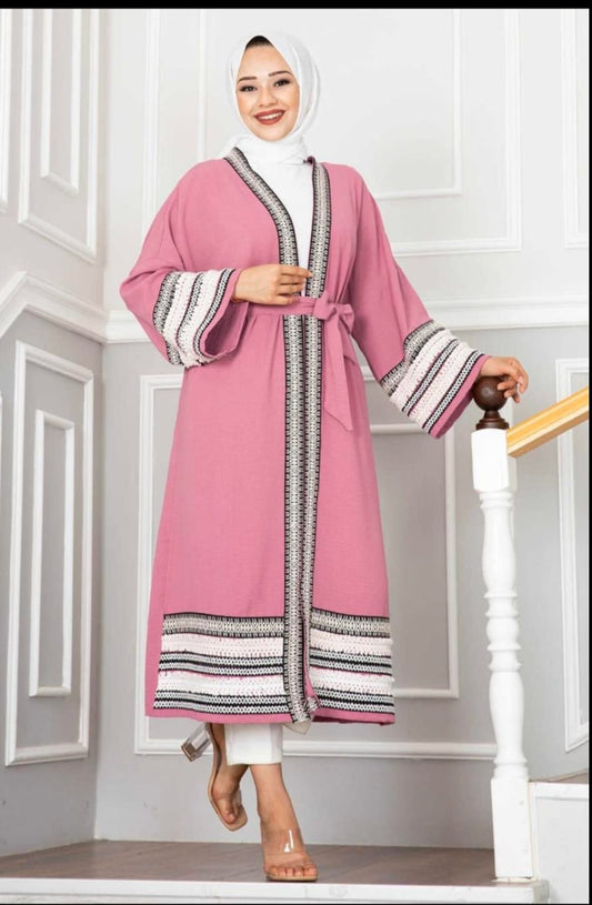 Turkish Aylin Patterned Open Cardigan Kimono Pink - USA Hijab World