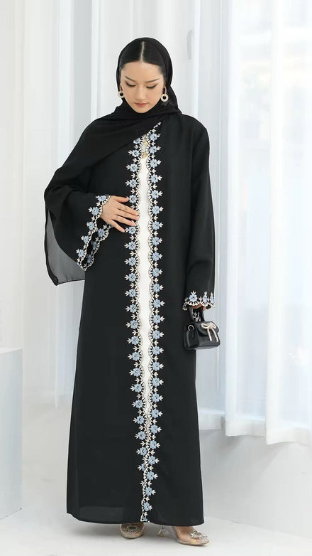 3 Pc Elegant Black Embroidered Dubai Abaya