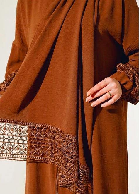 Turkish Model Sleeve Lace Zippered Abaya with Attached Shawl Brown - USA Hijab World