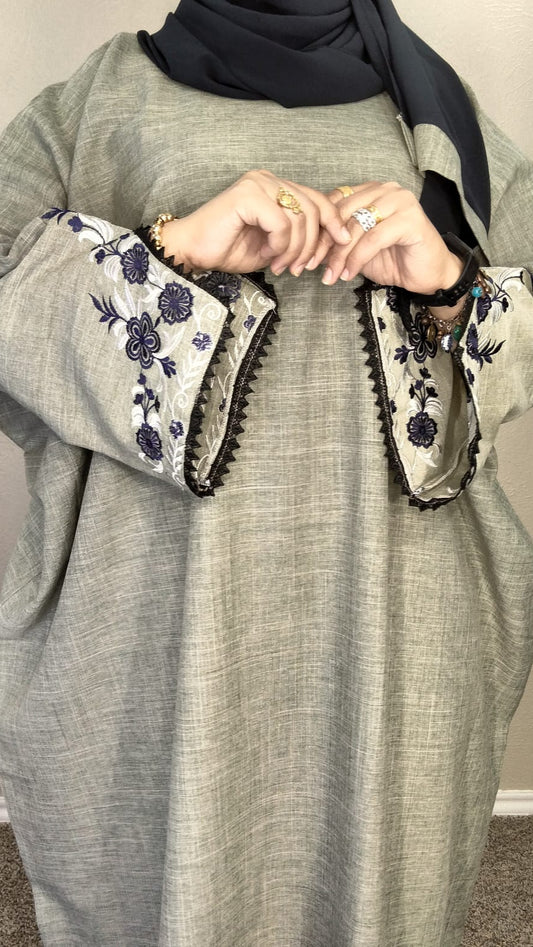 2 Piece Oversized Embroidery Linen Dubai Abaya