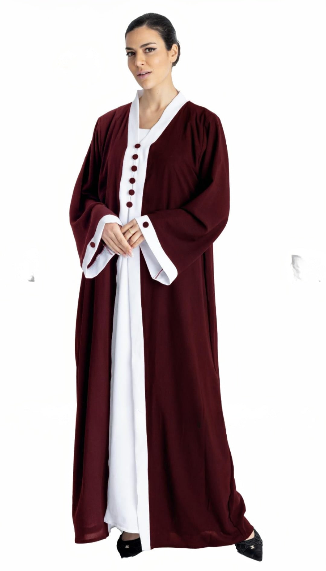 Dubai Shrug Abaya With Show Buttons On Front And Sleeves In Maroon - USA Hijab World