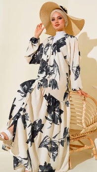 Modest Turkish Dress with Patterned Collar Black Beige