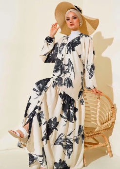 Turkish Dress with Patterned Collar Black Beige