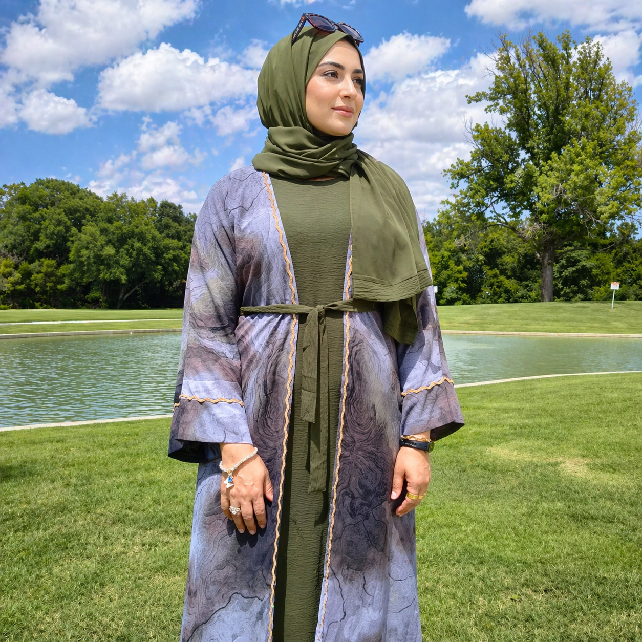 4 Piece Dubai Premium Open Abaya Olive Color