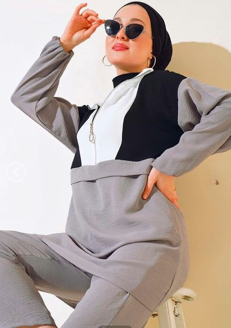 Turkish long Sleve 2 PCs Tunic Set Grey - USA Hijab World