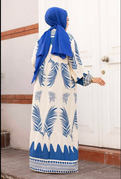 .Turkish Melike Patterned Viscous Dress Blue - USA Hijab World