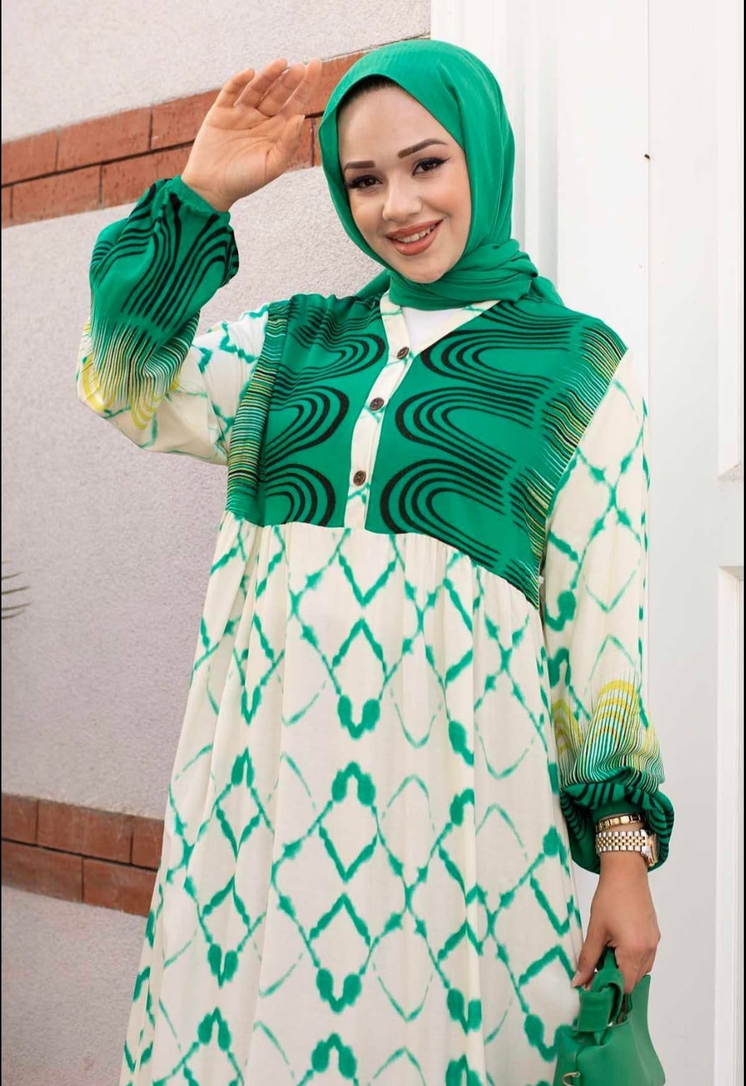 .Turkish Cotton Watery Patterned Viscous Dress Green - USA Hijab World