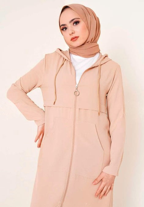 Turkish Long Sleeve Zippered Hooded Cap Beige - USA Hijab World