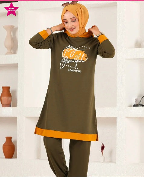 Turkish 2Pcs Hooded Long Sleeve Tunic Set Orange Olive - USA Hijab World