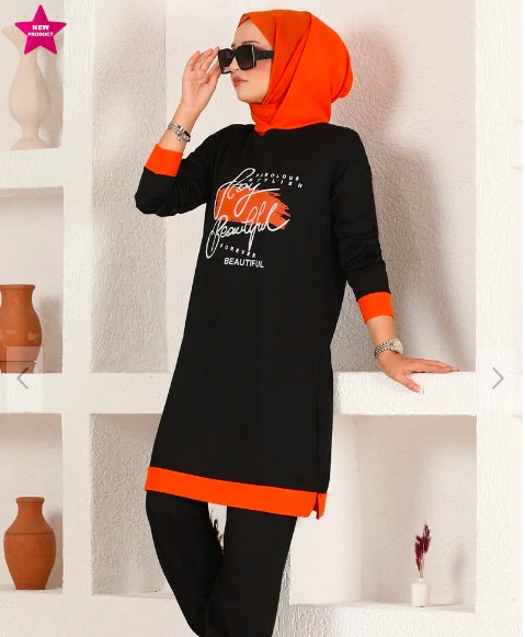 Turkish 2Pcs Hooded Long Sleeve Tunic Set Orange Black - USA Hijab World