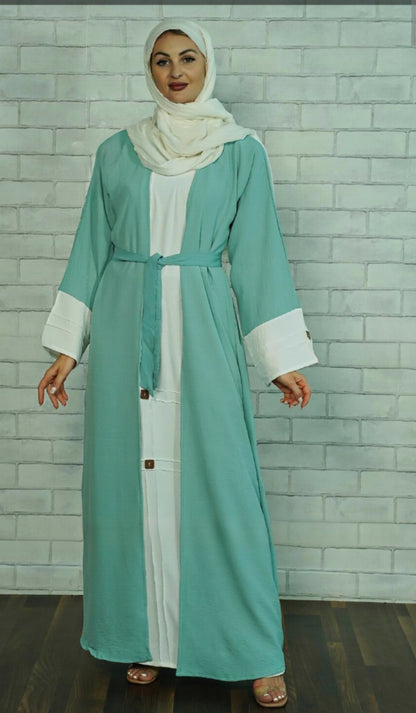 Dubai Long Sleeve open Abaya with Attached Cotton Long Basic Green - USA Hijab World