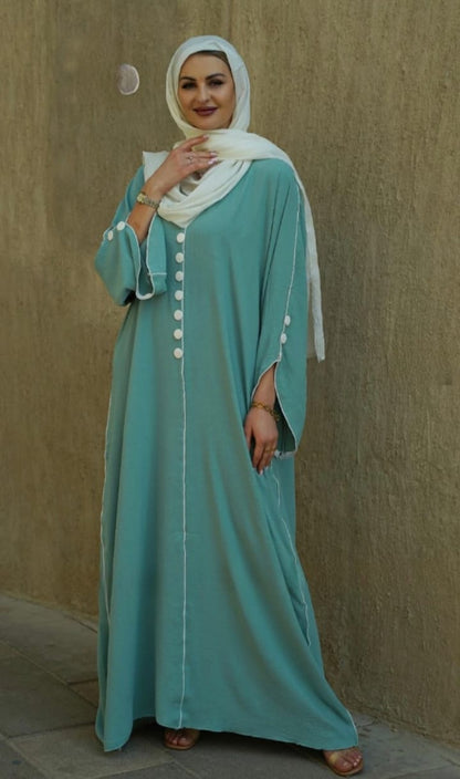 Dubai Abaya with White Piping and Show Buttons on the Front and Sleeves in Turquoise - USA Hijab World