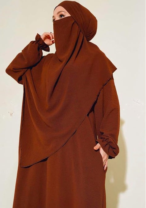 Turkish Wide Niqab with Veil standard Size 80% Cotton Brown - USA Hijab World