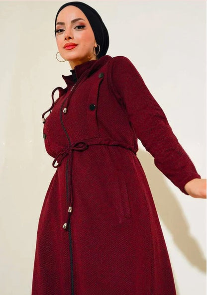 Turkish Hooded Zippered Winter Claret Abaya - USA Hijab World