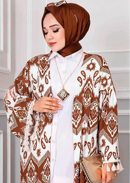 Turkish Hijab Cardigan Brown with Tassel Detail on Sleeves - USA Hijab World