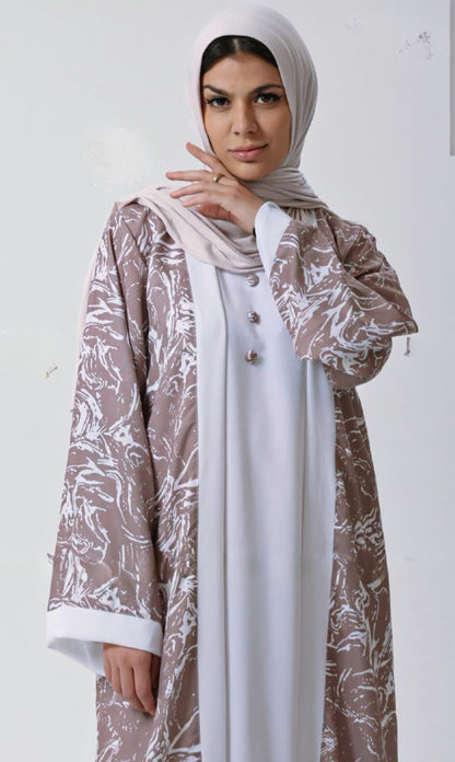 Dubai Shrug Abaya With Abstract Print In Brown - USA Hijab World