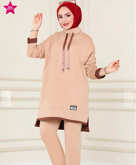 Turkish Tunnel 2 Piece Set Tunic + Pant Dark Beige - USA Hijab World