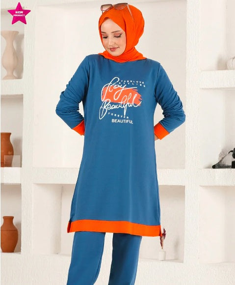 Turkish 2Pcs Hooded Long Sleeve Tunic Set Orange Blue - USA Hijab World