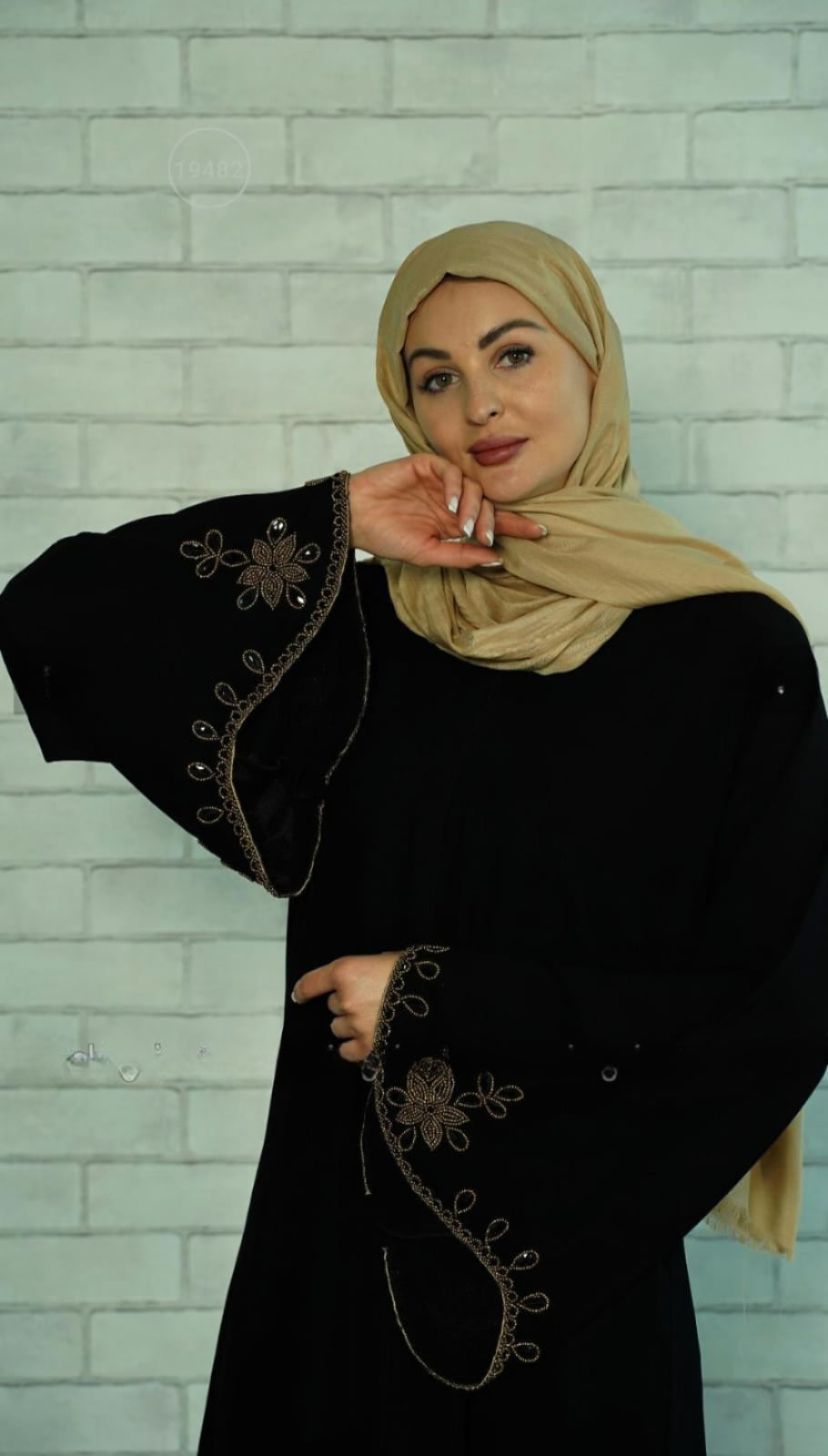 Black Masha Crepe Abaya with Golden Beads on the Sleeves and Back. - USA Hijab World