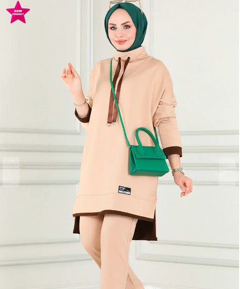 Turkish Tunnel 2 Piece Set Tunic + Pant Beige - USA Hijab World