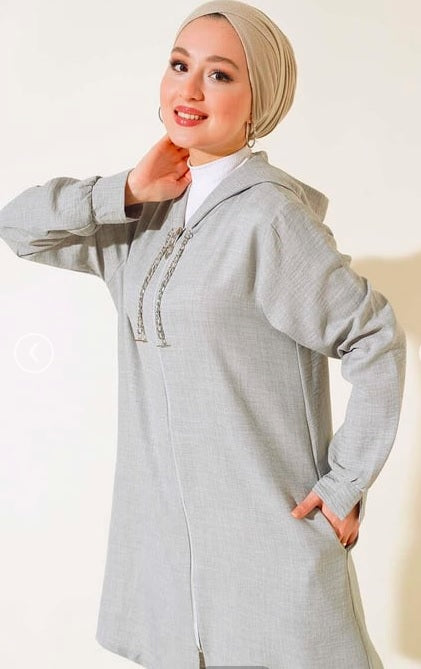 Turkish Zippered Linen 2 Pc Tunic Set Grey - USA Hijab World