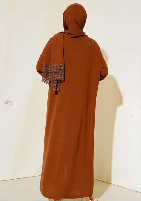 Turkish Model Sleeve Lace Zippered Abaya with Attached Shawl Brown - USA Hijab World