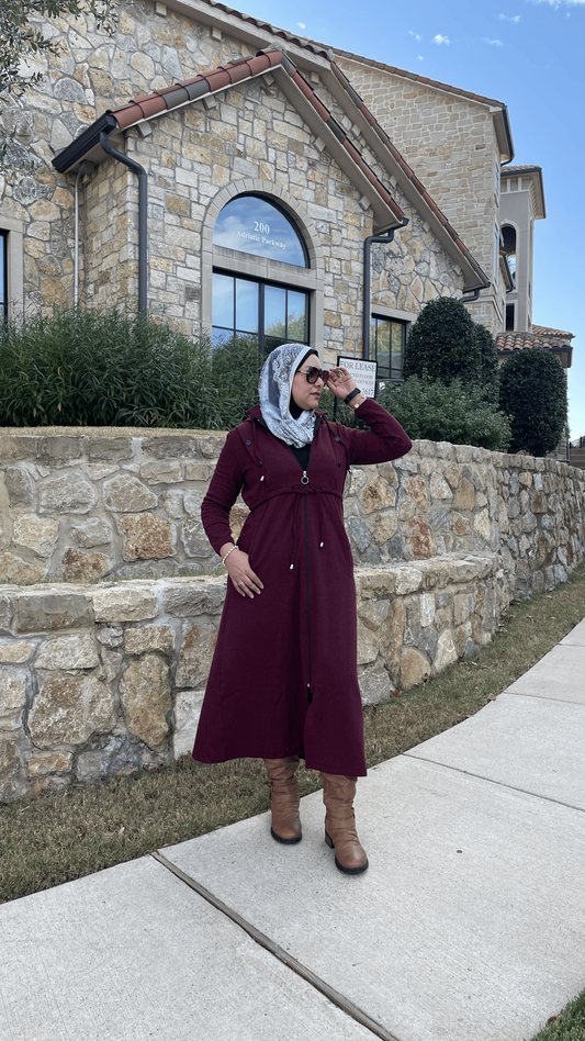 Modest Wear in Maroon-Turkish Zippered Hooded Winter Outfit for Women