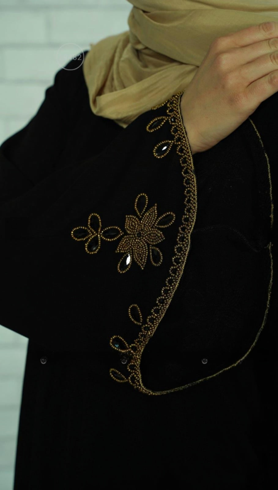 Black Masha Crepe Abaya with Golden Beads on the Sleeves and Back. - USA Hijab World