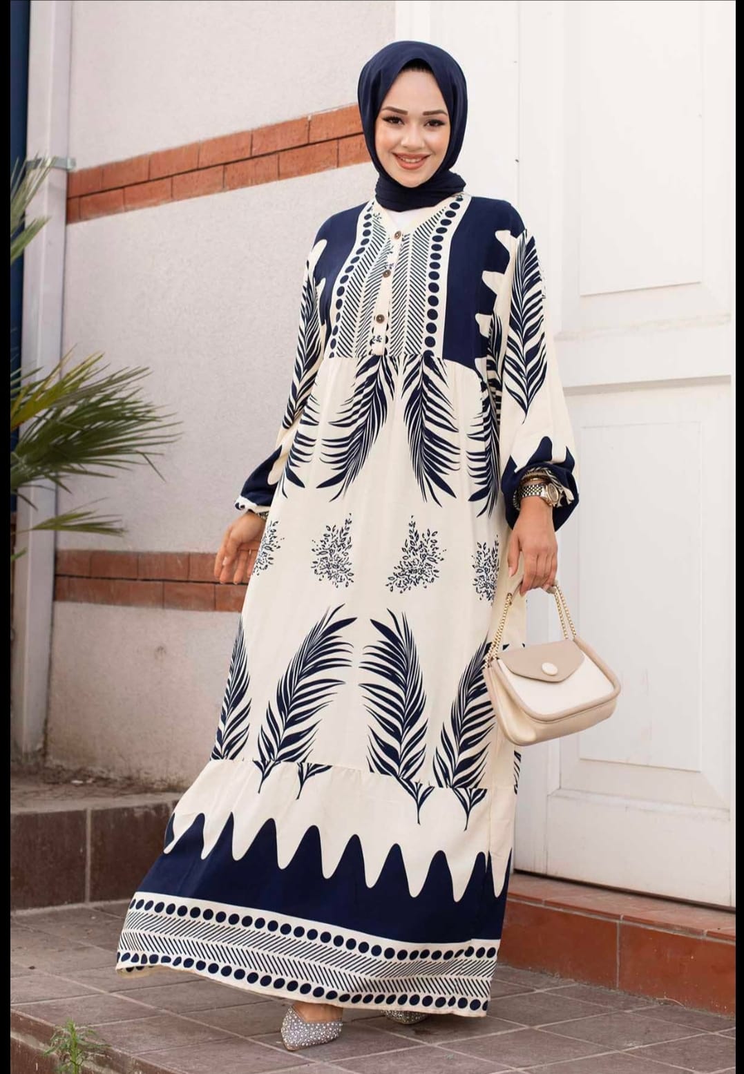 .Turkish Melike Patterned Viscous Dress Dark Blue - USA Hijab World