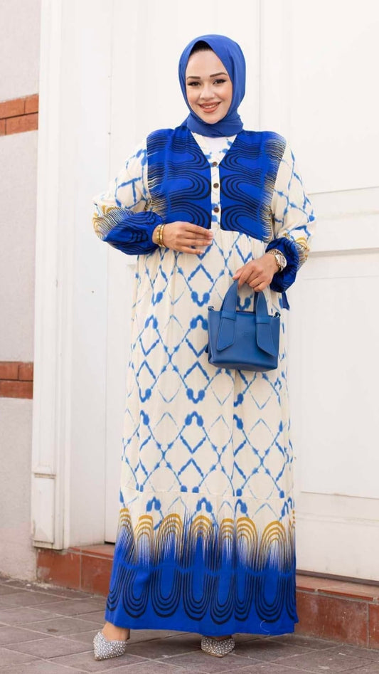 .Turkish Watery Patterned Viscous Dress Blue - USA Hijab World