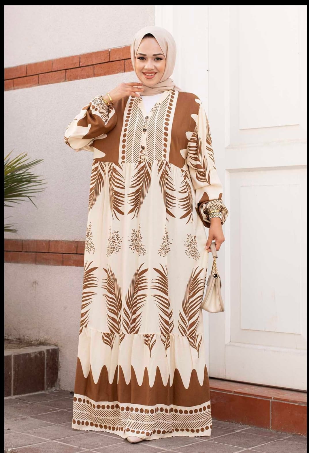 .Turkish Melike Patterned Viscous Dress Brown - USA Hijab World