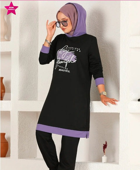 Turkish 2Pcs Hooded Long Sleeve Tunic Set Black Purple - USA Hijab World