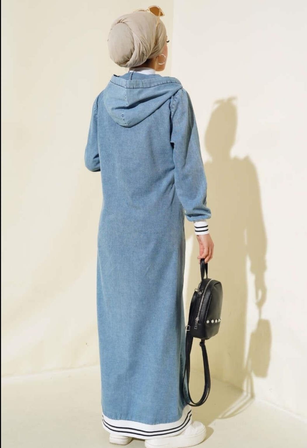 Turkish Long Sleeve Buttoned Hooded Denim Cotton Abaya - USA Hijab World