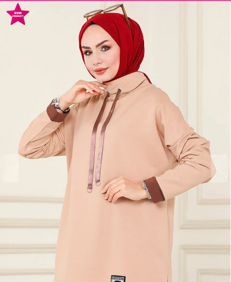 Turkish Tunnel 2 Piece Set Tunic + Pant Dark Beige - USA Hijab World