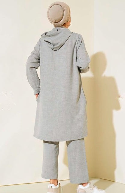 Turkish Zippered Linen 2 Pc Tunic Set Grey - USA Hijab World