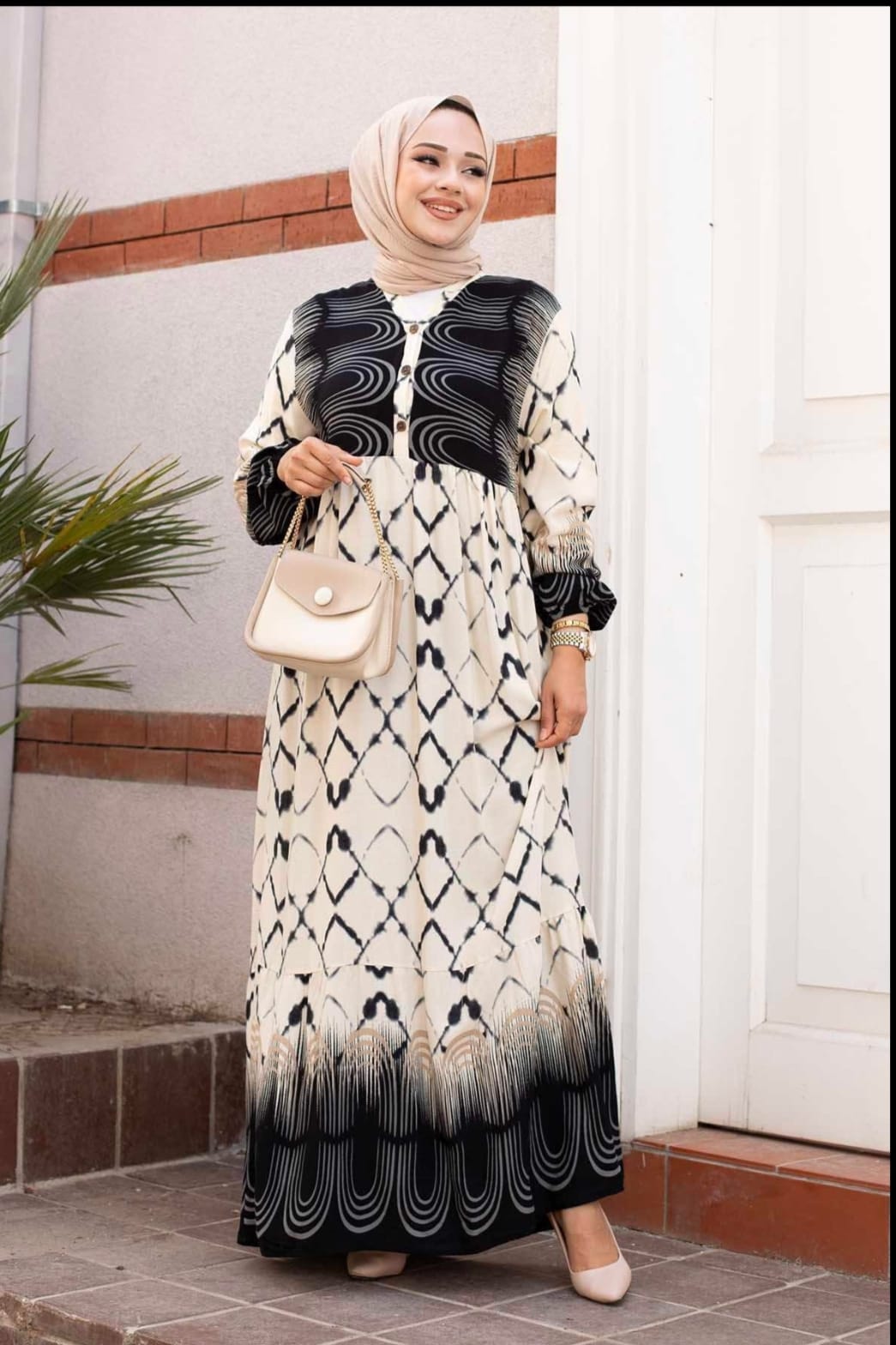 .Turkish Watery Patterned Viscous Dress Black - USA Hijab World